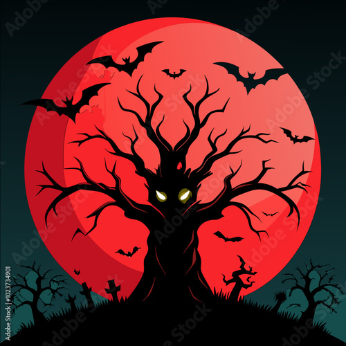 Eerie Haunted Tree Under Full Moon with Glowing Eyes