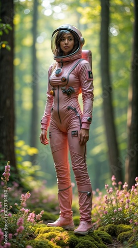 Female astronaut in a sleek pink spacesuit stands confidently in a serene, sunlit forest, merging the adventurous spirit of space with the peaceful beauty of nature. verticale image, generative, ai