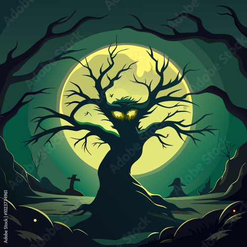 Eerie Haunted Tree Under Full Moon with Glowing Eyes