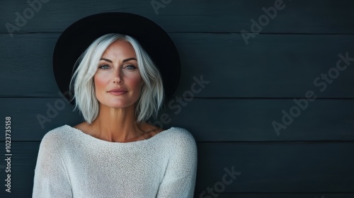 A close-up of a contemplative woman with striking eyes under a broad hat, set against a dark backdrop, capturing her introspective mood in high detail. photo