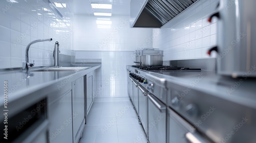 A sleek and modern stainless steel kitchen with commercial-grade appliances, featuring a long countertop, stove, sink, white tiles, and bright lighting.