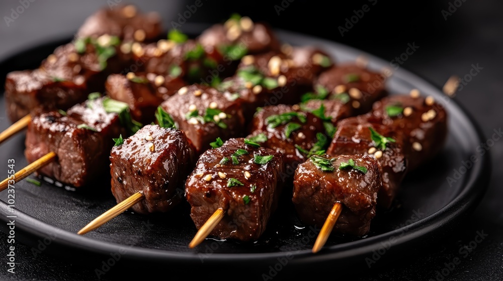 Juicy grilled meat skewers seasoned with herbs on a black plate. The image showcases the savory delight and culinary craftsmanship in an appetizing display. Juicy grilled meat skewers seasoned with herbs on a black plate. The image showcases the savory delight and culinary craftsmanship in an appetizing display.