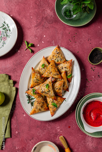 Baked samosas with tofu filling and fresh herbs on red background