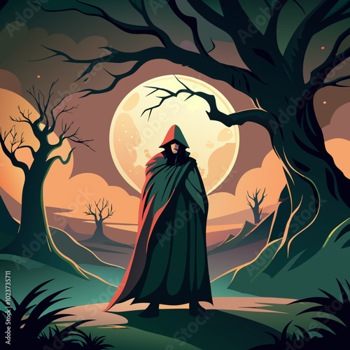 Spooky Figure in Cloak Under Moonlit Tree with Sharp Branches Illustration