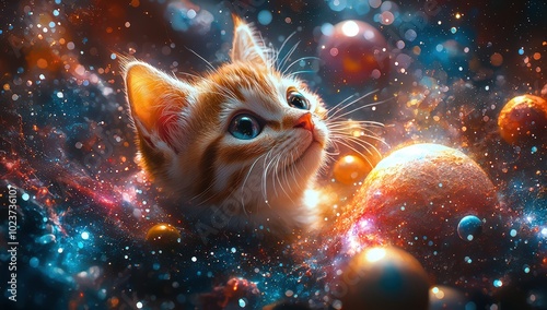 A cute cat astronaut floating in space, surrounded by colorful planets and stars photo