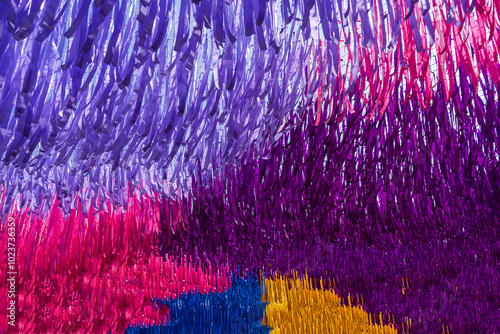 Vibrant Layers of Purple, Pink, and Yellow Ribbons in Festival Decor photo