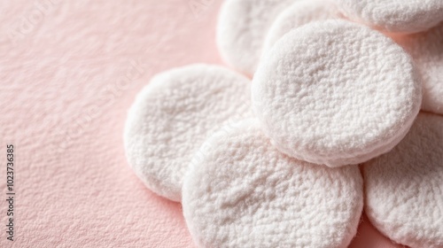 Neatly stacked round cotton pads resting against a soft pink backdrop, showcasing their fluffy texture and pristine appearance for cosmetic and cleaning purposes.