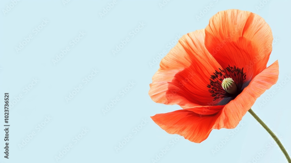Bright Red Poppy Flower Against Light Blue Background with Copy Space Bright Red Poppy Flower Against Light Blue Background with Copy Space