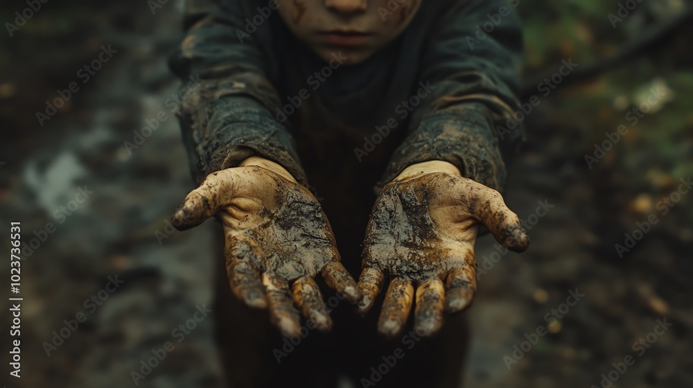 A child with muddy hands extends their arms, symbolizing innocence and the connection to nature in a rustic environment. A child with muddy hands extends their arms, symbolizing innocence and the connection to nature in a rustic environment.
