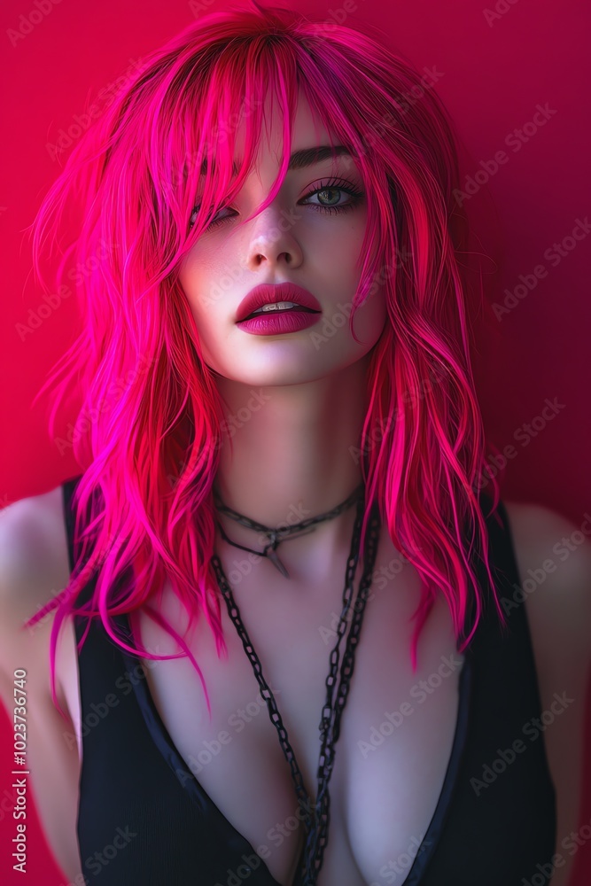 A striking model with vibrant pink hair poses confidently against a bold red backdrop, showcasing a unique style. A striking model with vibrant pink hair poses confidently against a bold red backdrop, showcasing a unique style.