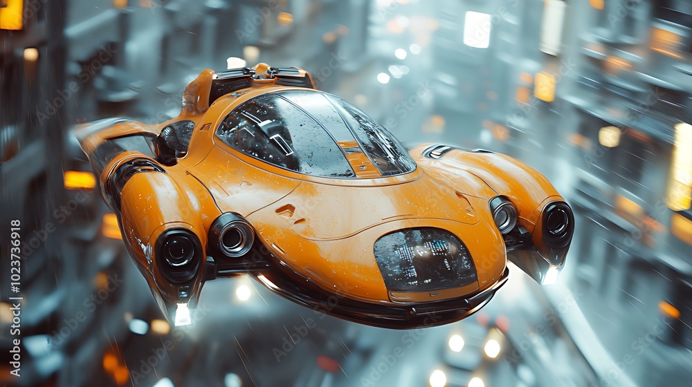 A futuristic yellow flying car hovers over a city street with blurred background. A futuristic yellow flying car hovers over a city street with blurred background.
