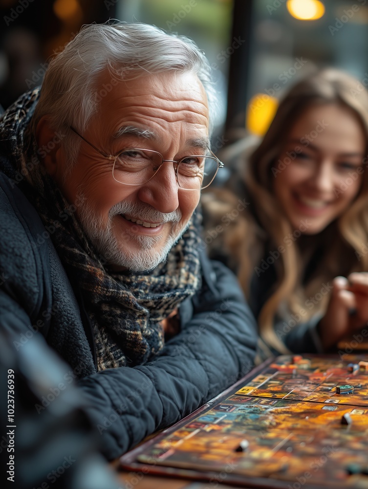 An elderly man playing board games with his granddaughter, having fun An elderly man playing board games with his granddaughter, having fun