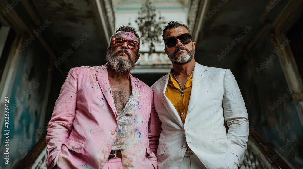 Two older men wearing uniquely styled suits, one in pink, stand in an opulently dusty hall, blending vintage flair with a modern narrative of bold fashion. Two older men wearing uniquely styled suits, one in pink, stand in an opulently dusty hall, blending vintage flair with a modern narrative of bold fashion.