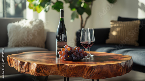 A modern living room with a wooden coffee table adorned with a bottle of red wine, two glasses, and a cluster of grapes, creating a warm and inviting ambiance.