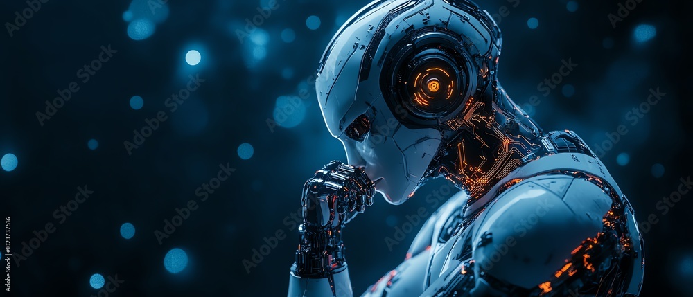 Fototapeta premium A futuristic robot deep in thought, showcasing advanced technology and intricate design against a glowing blue backdrop.