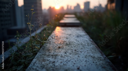 Golden hour bathes an urban rooftop, featuring plants sprouting through paving stones and offering a serene natural intrusion amidst the bustling cityscape. photo