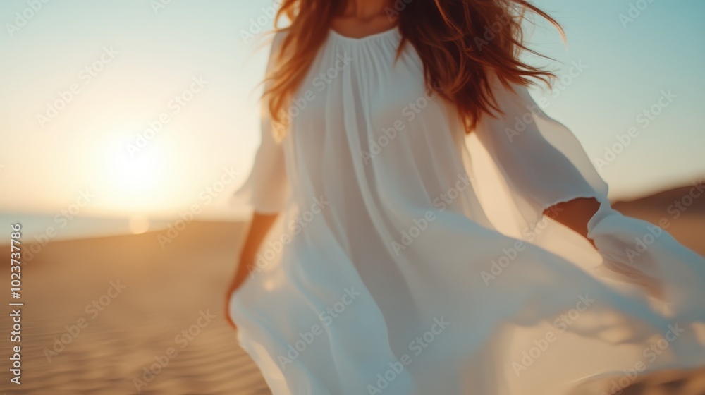A woman in a flowing white dress gracefully twists in the warm desert sunset, embodying freedom and elegance amid the expansive, serene landscape of golden sands. A woman in a flowing white dress gracefully twists in the warm desert sunset, embodying freedom and elegance amid the expansive, serene landscape of golden sands.