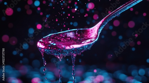 A dynamic splash of vibrant colored liquid is captured on a spoon, creating a lively and colorful composition that bursts with energy and visual appeal. photo