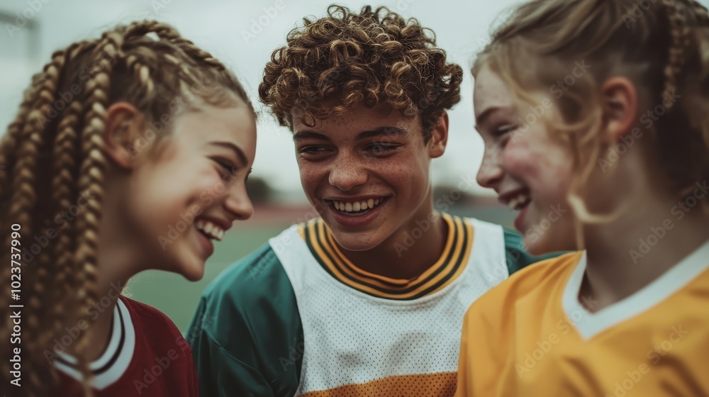 Three young teammates laugh and celebrate outdoors after a victorious game, exuding joy and camaraderie, with their lighthearted interactions capturing youthful spirit.