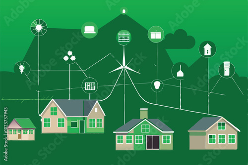 Illustration depicting a smart grid connecting houses with renewable energy sources, including solar panels, wind turbines, and smart meters.