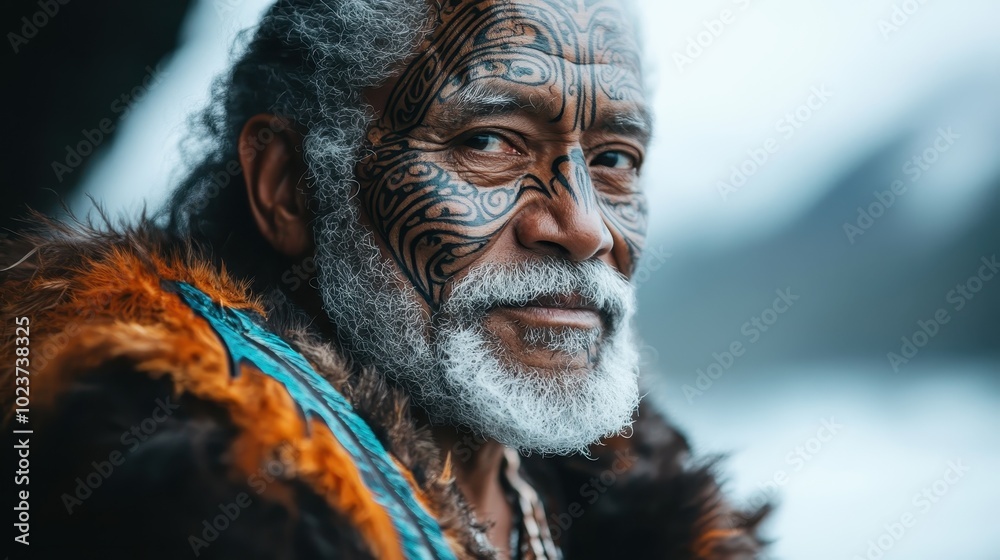 An elderly person features prominently with a richly detailed facial tattoo, wearing traditional clothing that suggests cultural significance and historical style. An elderly person features prominently with a richly detailed facial tattoo, wearing traditional clothing that suggests cultural significance and historical style.
