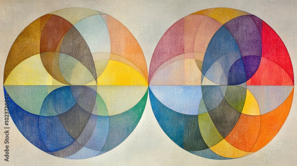 Fototapeta premium Abstract geometric artwork featuring overlapping circular patterns in vibrant colors and gradients, creating a harmonious composition