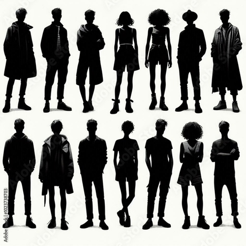 Vector silhouettes man and women, illustration. Silhouettes of young people posing in fashionable clothes.  Smooth JPEG version. photo