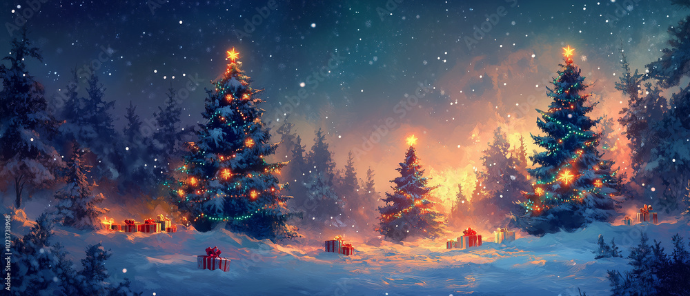 Snowy forest with Christmas trees and gifts