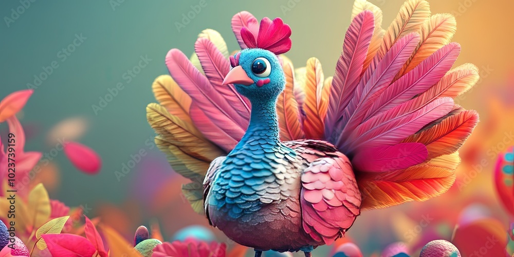 3D animated cartoon of colorful turkey 