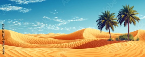 A vibrant desert landscape featuring golden sand dunes and lush palm trees under a bright blue sky with scattered clouds.