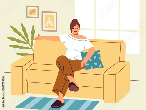 Woman relaxing on sofa. Young girl sitting on yellow couch in casual clothes. Rest and leisure, chill indoors. Comfortable and cozy lifestyle in apartment. Flat vector illustration