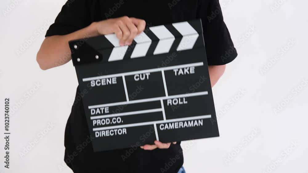 Clapping clapper on white background by boy in black t-shirt