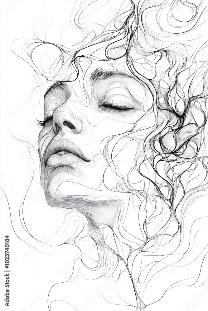 The outline of a woman’s face, sketched with fluid, flowing lines, almost like water, as if her essence is merging with the passage of time The outline of a woman’s face, sketched with fluid, flowing lines, almost like water, as if her essence is merging with the passage of time