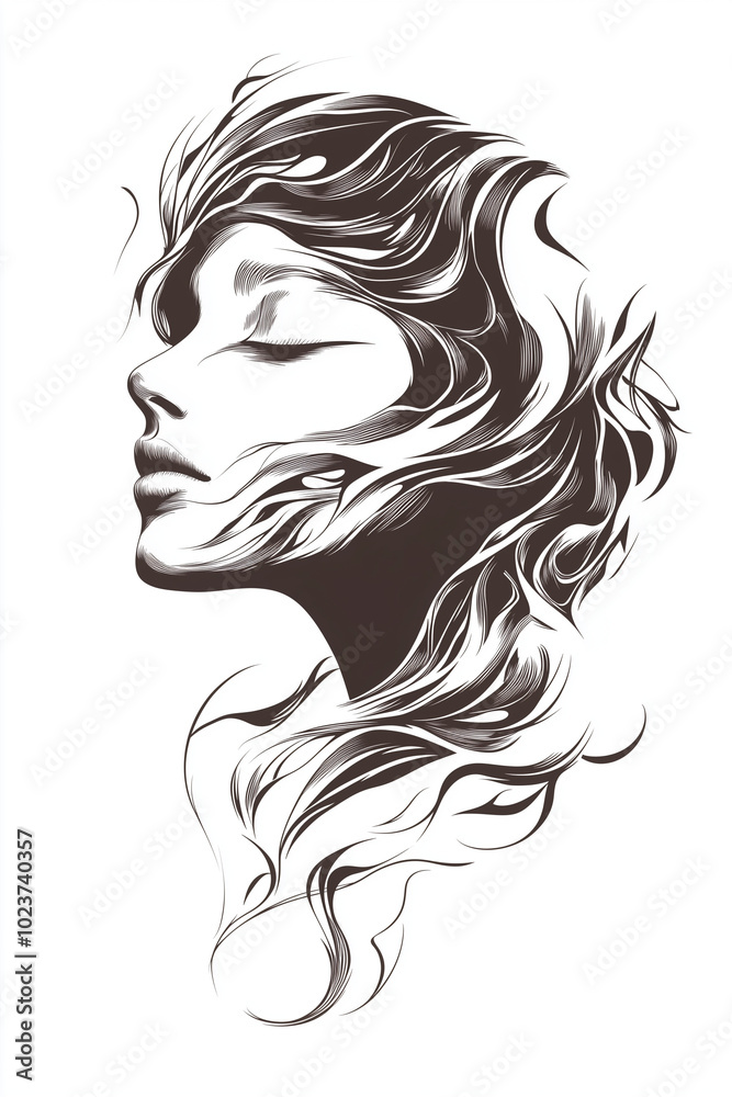 Woman’s face silhouette, with fluid, flowing lines, almost like water, as if her essence is merging with the passage of time. Woman’s face silhouette, with fluid, flowing lines, almost like water, as if her essence is merging with the passage of time.