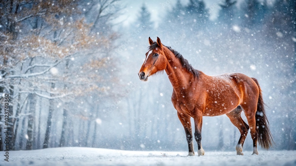 Medium shot of red bay horse in heavy snow fall, covered in snow Medium shot of red bay horse in heavy snow fall, covered in snow