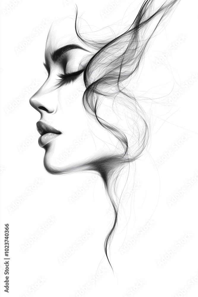 Woman’s face silhouette, with fluid, flowing lines, almost like water, as if her essence is merging with the passage of time. Woman’s face silhouette, with fluid, flowing lines, almost like water, as if her essence is merging with the passage of time.