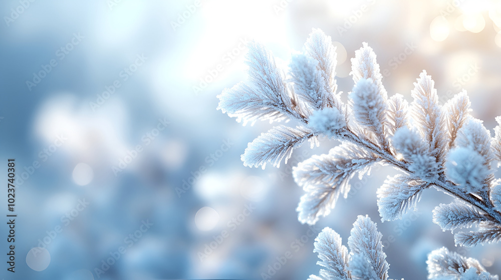 Close-up of frosted branches, shimmering with soft winter light. Scene is cool, peaceful, with delicate snow crystals on the branches. Background is soft and blurred, perfect for holiday greetings Close-up of frosted branches, shimmering with soft winter light. Scene is cool, peaceful, with delicate snow crystals on the branches. Background is soft and blurred, perfect for holiday greetings
