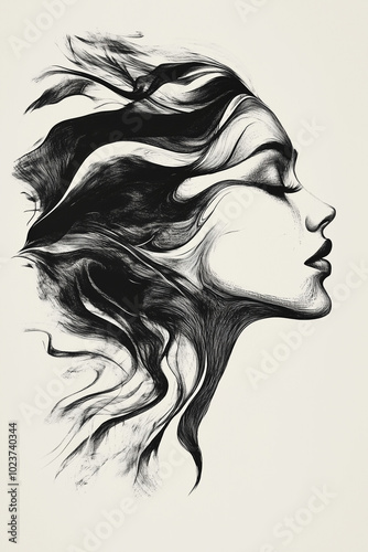 Woman’s face silhouette, with fluid, flowing lines, almost like water, as if her essence is merging with the passage of time.