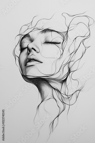 Woman’s face silhouette, with fluid, flowing lines, almost like water, as if her essence is merging with the passage of time.