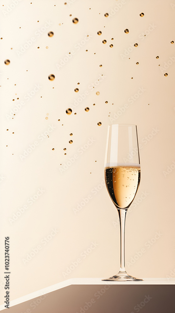 Single, elegant champagne glass positioned in lower corner of minimalist background with golden bubbles subtly rising. clean, simple design. luxury event, festive greetings, celebratory branding Single, elegant champagne glass positioned in lower corner of minimalist background with golden bubbles subtly rising. clean, simple design. luxury event, festive greetings, celebratory branding