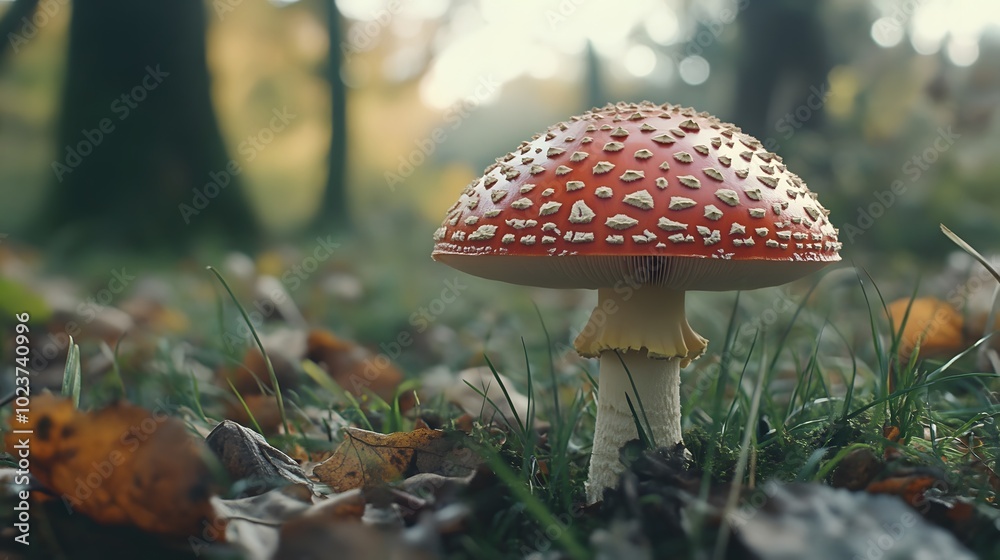 A mushroom growing in the grass, with its cap and stem visible through the dense green foliage A mushroom growing in the grass, with its cap and stem visible through the dense green foliage