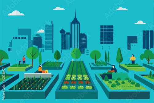 Illustration of rooftop gardens in a city setting, promoting sustainable urban agriculture.