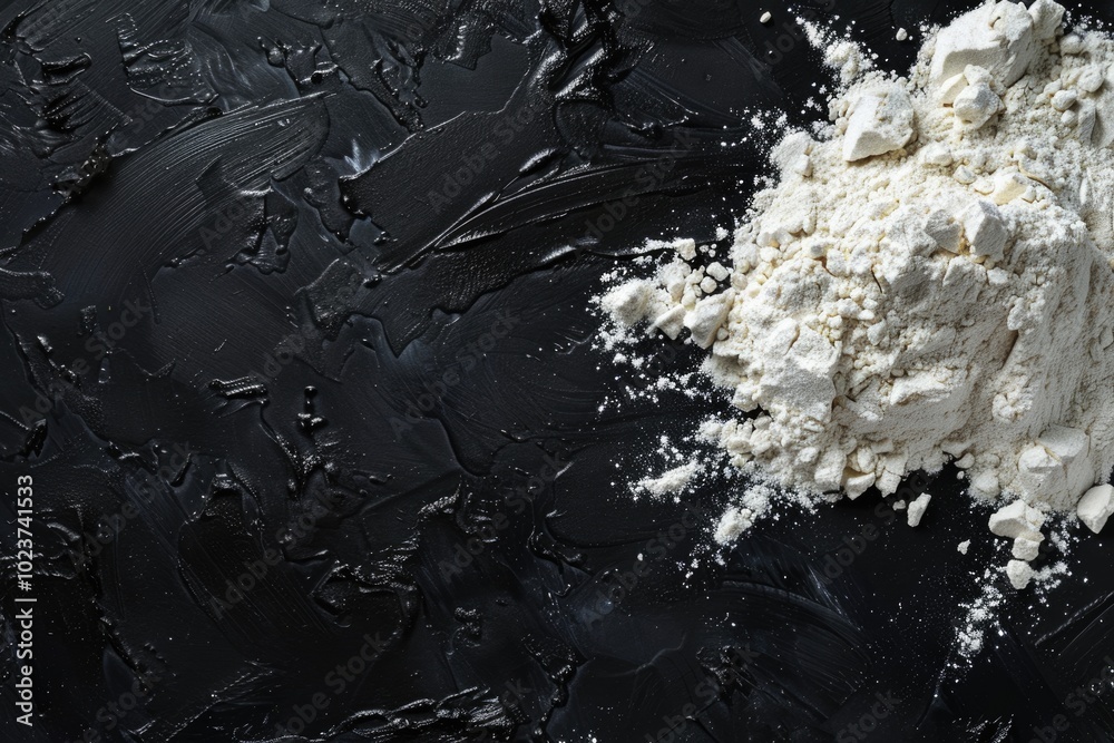 Fototapeta premium Black background with flour. Copy space top view