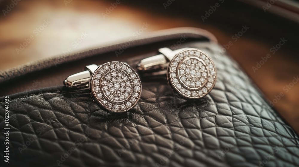 A pair of diamond-studded cufflinks resting on a designer wallet, ready for a formal event. A pair of diamond-studded cufflinks resting on a designer wallet, ready for a formal event.