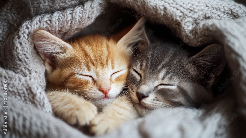 A pair of kittens cuddled together, sleeping in a cozy bed with a soft blanket draped over them. A pair of kittens cuddled together, sleeping in a cozy bed with a soft blanket draped over them.