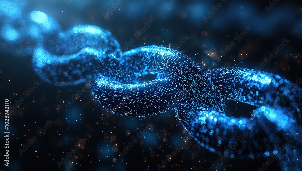 A blue digital chain with binary code, symbolizing the information flow in blockchain technology. A blue digital chain with binary code, symbolizing the information flow in blockchain technology.