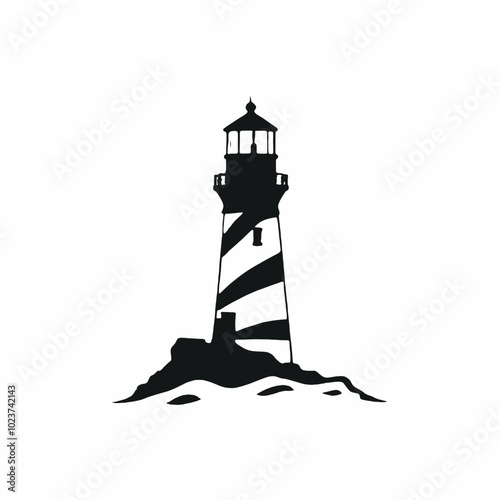 A black and white silhouette of a lighthouse on a hill