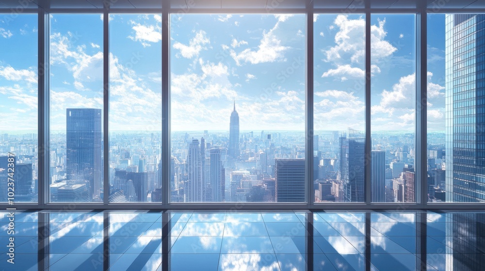 Fototapeta premium A panoramic view through a modern office window, with skyscrapers and blue sky outside.