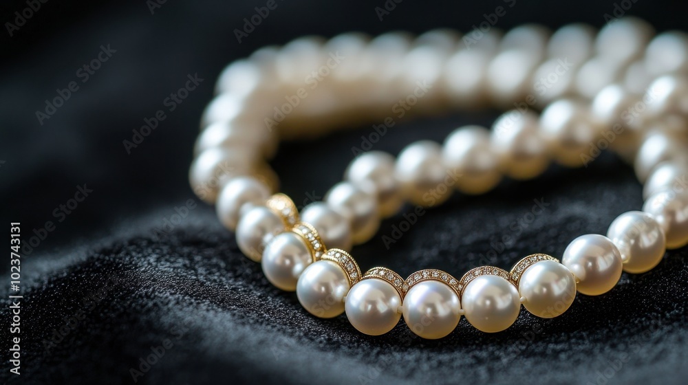 A pearl necklace intertwined with a strand of gold, displayed elegantly on a black velvet background.
