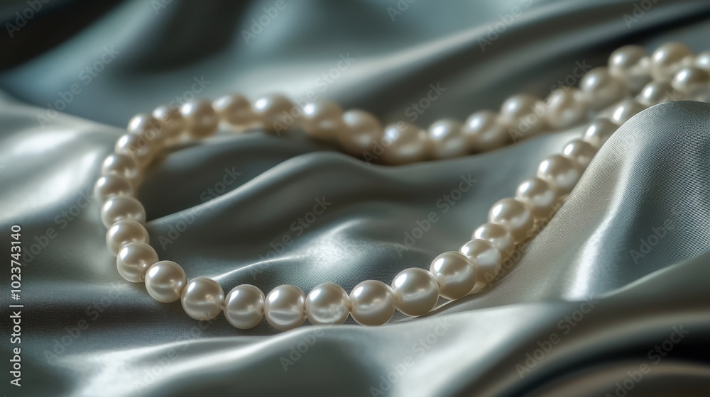 A pearl necklace gently resting atop a folded satin dress, ready for a night out. A pearl necklace gently resting atop a folded satin dress, ready for a night out.